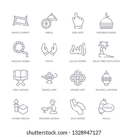 Satz von 16 dünnen linearen Symbolen wie Halal-, Dua-Hände, Lesen von Quran, Kaaba-Mekka, Islamlaterne, arabische Kunst, Genie-Lampe aus der Religionskollektion auf weißem Hintergrund, Umrisszeichen oder Symbole