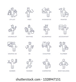 set of 16 thin linear icons such as body building, carpenter, runner, barber, plumber, chauffer, de from people skills collection on white background, outline sign icons or symbols