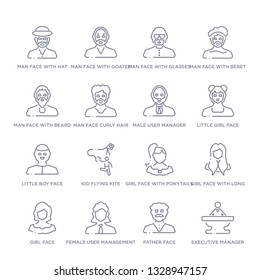 set of 16 thin linear icons such as executive manager, father face, female user management, girl face, girl face with long hair, girl face with ponytails, kid flying kite from people collection on