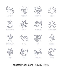 set of 16 thin linear icons such as waves, branch, bird, reed, iceberg, hive, snail from nature collection on white background, outline sign icons or symbols