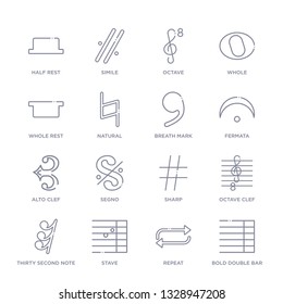 set of 16 thin linear icons such as bold double bar line, repeat, stave, thirty second note rest, octave clef, sharp, segno from music and media collection on white background, outline sign icons or