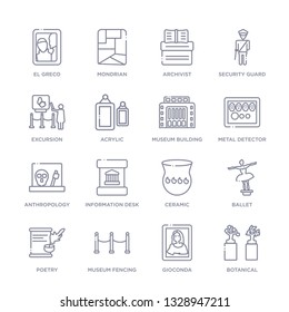 set of 16 thin linear icons such as botanical, gioconda, museum fencing, poetry, ballet, ceramic, information desk from museum collection on white background, outline sign icons or symbols