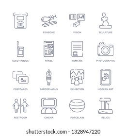 set of 16 thin linear icons such as relics, porcelain, cinema, restroom, modern art, exhibition, sarcophagus from museum collection on white background, outline sign icons or symbols