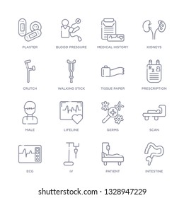 set of 16 thin linear icons such as intestine, patient, iv, ecg, scan, germs, lifeline from medical collection on white background, outline sign icons or symbols