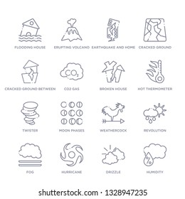 set of 16 thin linear icons such as humidity, drizzle, hurricane, fog, revolution, weathercock, moon phases from meteorology collection on white background, outline sign icons or symbols