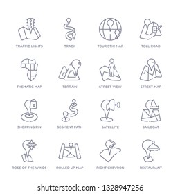 set of 16 thin linear icons such as restaurant, right chevron, rolled up map, rose of the winds, sailboat, satellite, segment path from maps and locations collection on white background, outline