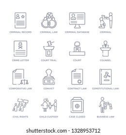 set of 16 thin linear icons such as business law, case closed, child custody, civil rights, constitutional law, contract law, convict from law and justice collection on white background, outline