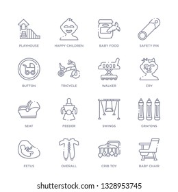 set of 16 thin linear icons such as baby chair, crib toy, overall, fetus, crayons, swings, feeder from kid and baby collection on white background, outline sign icons or symbols