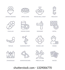 set of 16 thin linear icons such as matzo, tree of life, hamantaschen, synagogue, moses, manna jar, budding staff from religion collection on white background, outline sign icons or symbols
