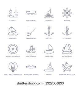set of 16 thin linear icons such as starfish with dots, vessel, windsurf board, port and starboard, watercraft, capsizing, ship admiral from nautical collection on white background, outline sign