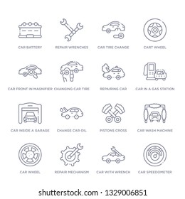 set of 16 thin linear icons such as car speedometer, car with wrench, repair mechanism, car wheel, wash machine, pistons cross, change oil from mechanicons collection on white background, outline