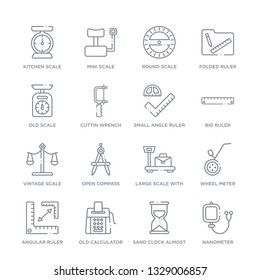 set of 16 thin linear icons such as nanometer, sand clock almost finish, old calculator, angular ruler, wheel meter, large scale with suitcase, open compass from measurement collection on white