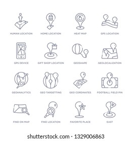 set of 16 thin linear icons such as east, favorite place, find location, find on map, football field pin, geo cordinates, geo targetting from maps and locations collection on white background,