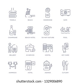 set of 16 thin linear icons such as cutlery, agenda, hotel, hammock, key card, hostel, 24 service from hotel collection on white background, outline sign icons or symbols