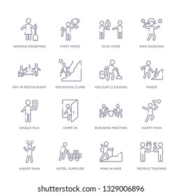 Set Of 16 Thin Linear Icons Such As People Trading, Man In Hike, Hotel Supplier, Angry Man, Happy Man, Business Meeting, Come In From Humans Collection On White Background, Outline Sign Icons Or