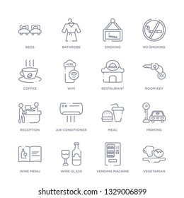 set of 16 thin linear icons such as vegetarian, vending machine, wine glass, wine menu, parking, meal, air conditioner from hotel and restaurant collection on white background, outline sign icons or