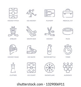 set of 16 thin linear icons such as audience, snowflake, ice court, clothes, timer, water bottle, ice skate from hockey collection on white background, outline sign icons or symbols
