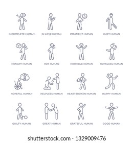 set of 16 thin linear icons such as good human, grateful human, great human, guilty happy heartbroken helpless human from feelings collection on white background, outline sign icons or symbols