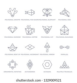 set of 16 thin linear icons such as multiple triangles triangle, octagon, octahedron, ornamental rotating polygonal, parallel, polygonal arrow up, polygonal ascendant from geometry collection on