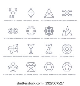 set of 16 thin linear icons such as polygonal hexagon, polygonal hexagonal, polygonal house or home building, jet aircraft, jewel, letter z of small triangles, martini glass shape from geometry