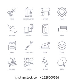set of 16 thin linear icons such as copy, spline, flow, explode, layer, base, lengthen from geometry collection on white background, outline sign icons or symbols
