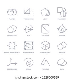 set of 16 thin linear icons such as oval, triangle, spiral, coordinates, polygon, background, bounding box from geometric figure collection on white background, outline sign icons or symbols