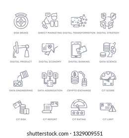 set of 16 thin linear icons such as cit limit, cit rating, cit report, risk, score, crypto-exchange, data aggregation from general collection on white background, outline sign icons or symbols