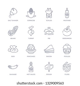 set of 16 thin linear icons such as floss, dough, hot sauce, sausage, pickles, bacon, pancakes from gastronomy collection on white background, outline sign icons or symbols