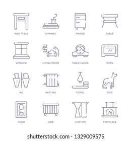 set of 16 thin linear icons such as fireplace, curtain, crib, door, dog, towel, heating from furniture collection on white background, outline sign icons or symbols