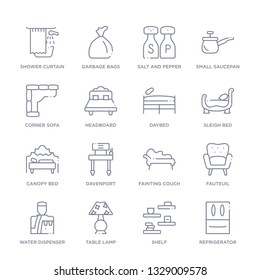 set of 16 thin linear icons such as refrigerator, shelf, table lamp, water dispenser, fauteuil, fainting couch, davenport from furniture and household collection on white background, outline sign