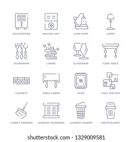 set of 16 thin linear icons such as waste basket, laundry hamper, window coverings, carpet sweeper, wall shelves, rugs, table linens from furniture and household collection on white background,