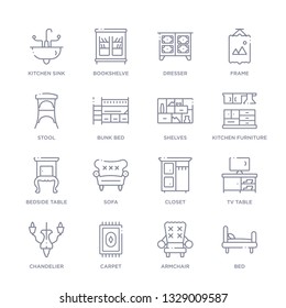 set of 16 thin linear icons such as bed, armchair, carpet, chandelier, tv table, closet, sofa from furniture collection on white background, outline sign icons or symbols