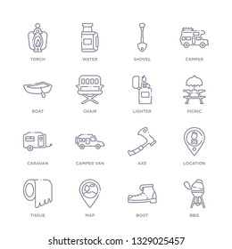 set of 16 thin linear icons such as bbq, boot, map, tissue, location, axe, camper van from camping collection on white background, outline sign icons or symbols