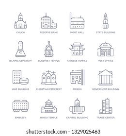 set of 16 thin linear icons such as trade center, capitol building, hindu temple, embassy, goverment building, prison, christian cemetery from buildings collection on white background, outline sign