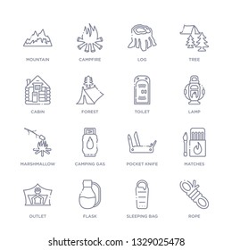 set of 16 thin linear icons such as rope, sleeping bag, flask, outlet, matches, pocket knife, camping gas from camping collection on white background, outline sign icons or symbols