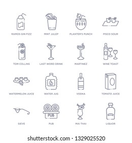 set of 16 thin linear icons such as liquor, mai thai, pub, sieve, tomato juice, vodka, water jug from drinks collection on white background, outline sign icons or symbols