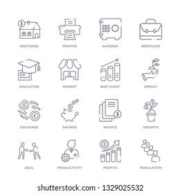 set of 16 thin linear icons such as population, profits, productivity, deal, growth, invoice, savings from digital economy collection on white background, outline sign icons or symbols