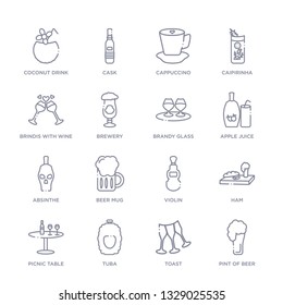 set of 16 thin linear icons such as pint of beer, toast, tuba, picnic table, ham, violin, beer mug from drinks collection on white background, outline sign icons or symbols