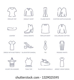 set of 16 thin linear icons such as jersey wrap dress, platform sandals, tank top, scarf on hanger, pegged pants, tie, gladiator sandal from clothes collection on white background, outline sign