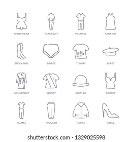 set of 16 thin linear icons such as heels, parka, trouser, pijama, corset, bowler, jersey from clothes collection on white background, outline sign icons or symbols