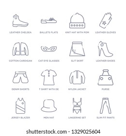 set of 16 thin linear icons such as slim fit pants, lingerine set, men hat, jersey blazer, purse, nylon jacket, t shirt with de from clothes collection on white background, outline sign icons or