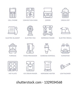 set of 16 thin linear icons such as leaf blower, kerosene heater, ice cream maker, hot plate, humidifier, garbage disposal, food processor from electronic devices collection on white background,