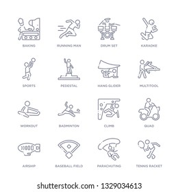 set of 16 thin linear icons such as tennis racket, parachuting, baseball field, airship, quad, climb, badminton from free time collection on white background, outline sign icons or symbols