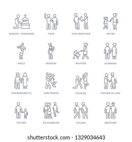 set of 16 thin linear icons such as brother, cousin, ex-husband, father, father-in-law, fianc?e, girlfriend from family relations collection on white background, outline sign icons or symbols