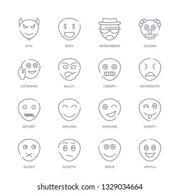 set of 16 thin linear icons such as joyful, smile, sceptic, silent, goofy, winking, smiling from emotions collection on white background, outline sign icons or symbols