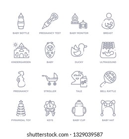set of 16 thin linear icons such as baby hat, baby cup, keys, pyramidal toy, bell rattle, tale, stroller from kid and baby collection on white background, outline sign icons or symbols