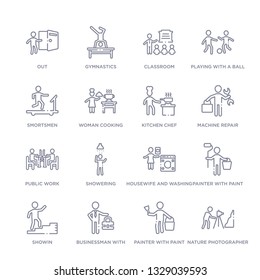 set of 16 thin linear icons such as nature photographer, painter with paint bucket, businessman with tie, showin, painter with paint roller, housewife and washing machine, showering from humans