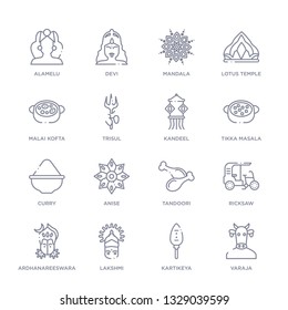 set of 16 thin linear icons such as varaja, kartikeya, lakshmi, ardhanareeswara, ricksaw, tandoori, anise from india collection on white background, outline sign icons or symbols