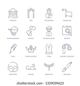 set of 16 thin linear icons such as brushes, bracelet, sphinx, skeleton, ancient weapon, tomb, viking helmet from history collection on white background, outline sign icons or symbols