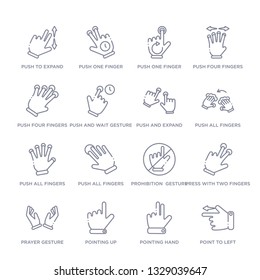 set of 16 thin linear icons such as point to left, pointing hand, pointing up, prayer gesture, press with two fingers, prohibition  gesture, push all fingers to expand from hands and guestures